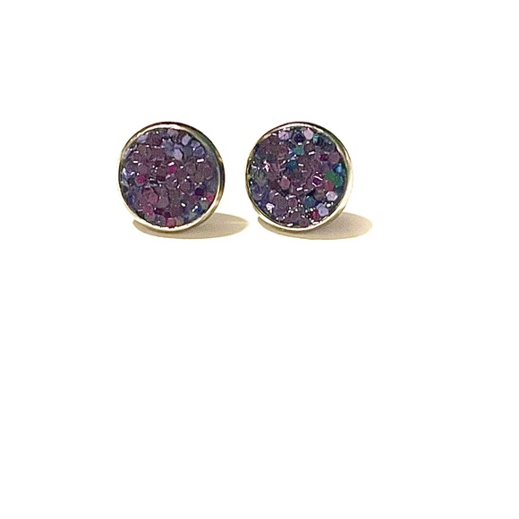 Earrings, round faced blue and purple iridescent - Picture 2 of 7